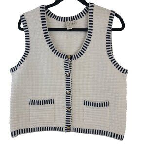 NEW Joie White Textured Knit Sleeveless Cardigan Vest With Navy Striped Size L
